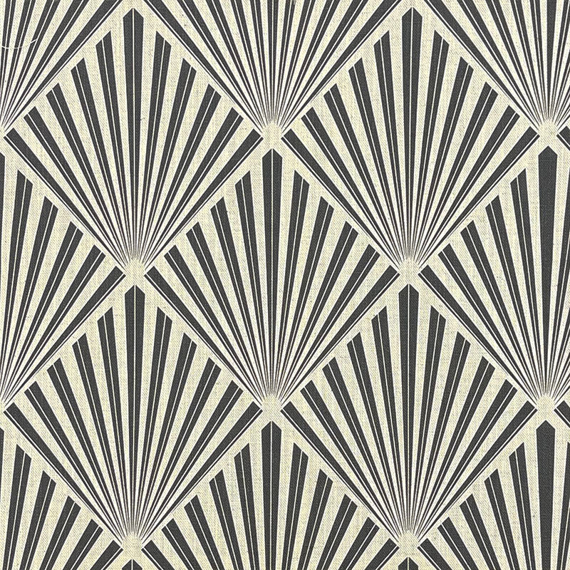 art deco upholstery fabric with geometric fan design in ebony tones on linen blend fabric
