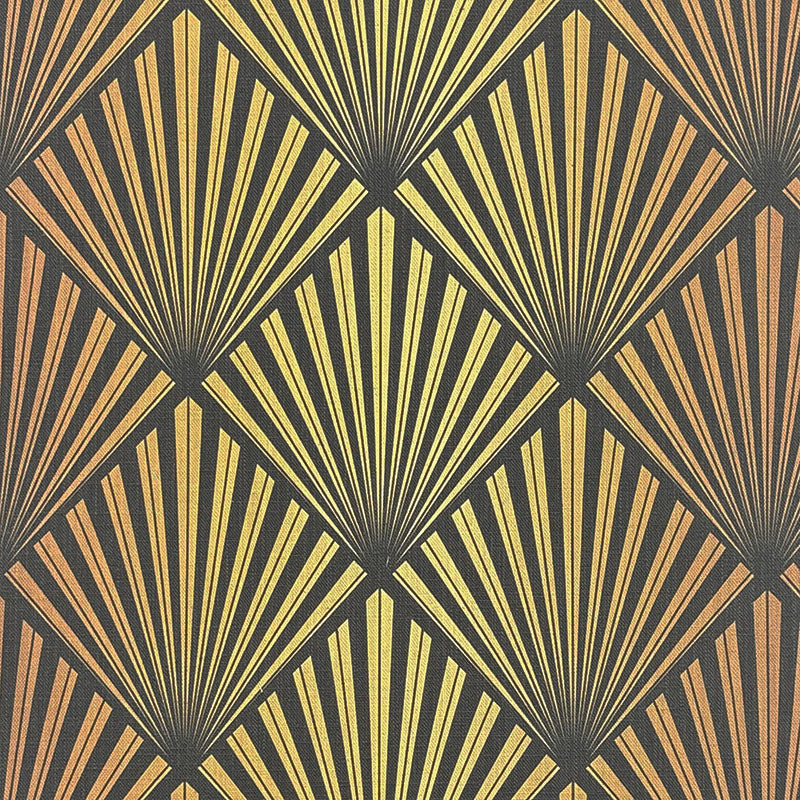 Art deco upholstery fabric with fan pattern in black and gold on linen blend upholstery fabric