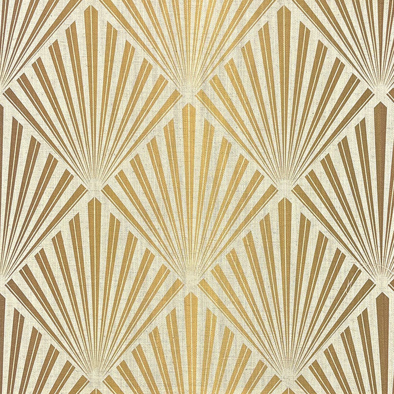 art deco upholstery fabric with gold and neutral fan motif printed on linen blend upholstery fabric
