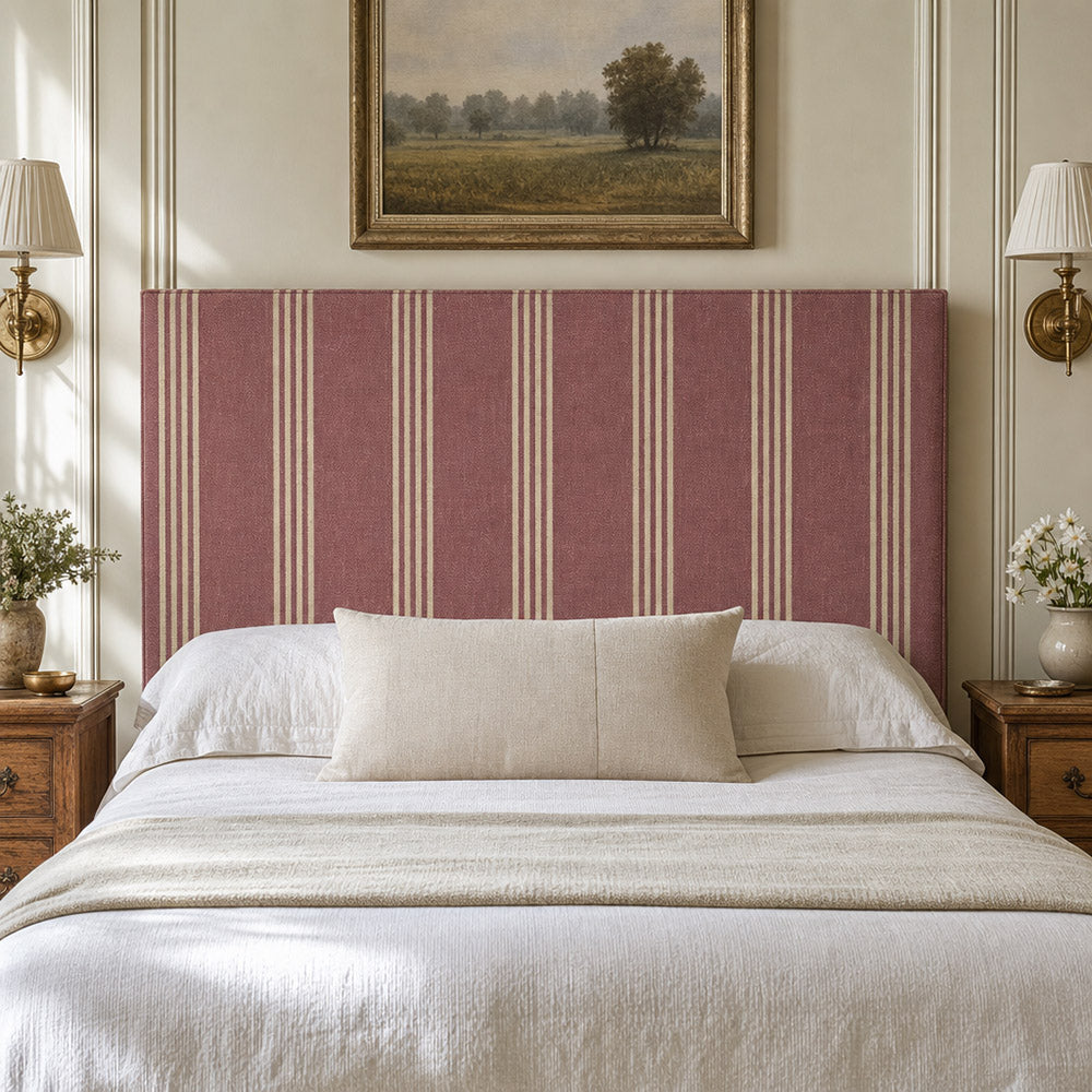 Hampton Wine striped upholstery fabric displayed on a headboard, classic stripe for durable bedroom upholstery and soft furnishings