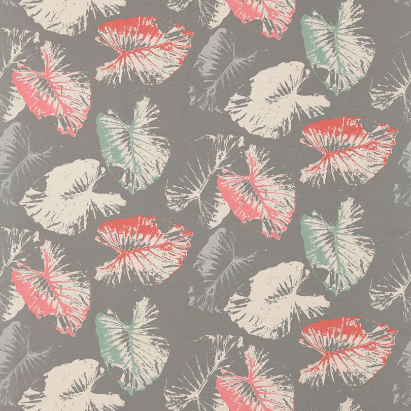 Harlequin Palmetto curtain fabric in Coral/Mint with a tropical leaf print.