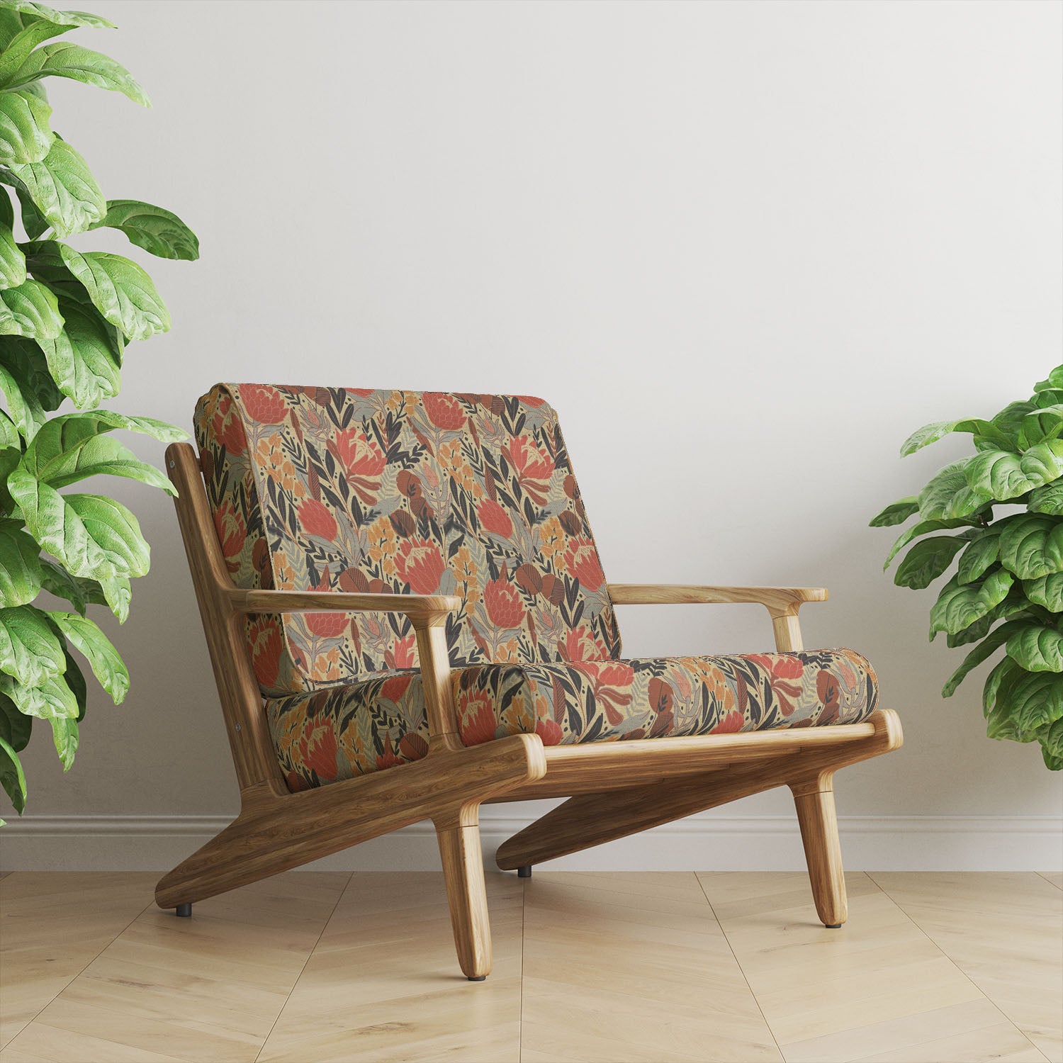     vintage floral upholstery fabric used on armchair with warm botanical pattern and linen texture