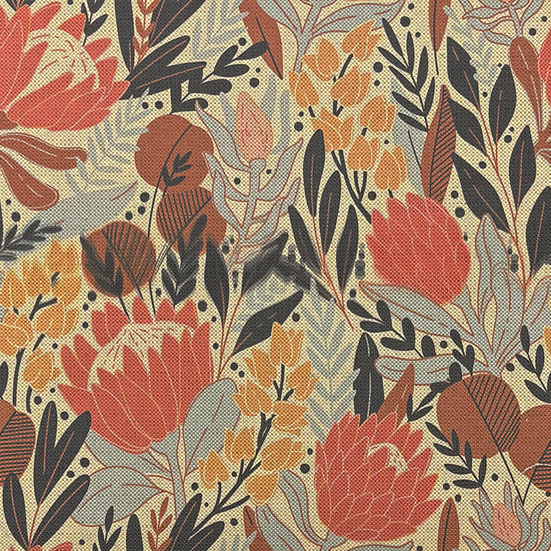     vintage floral upholstery fabric with terracotta and ochre botanical pattern printed on linen blend