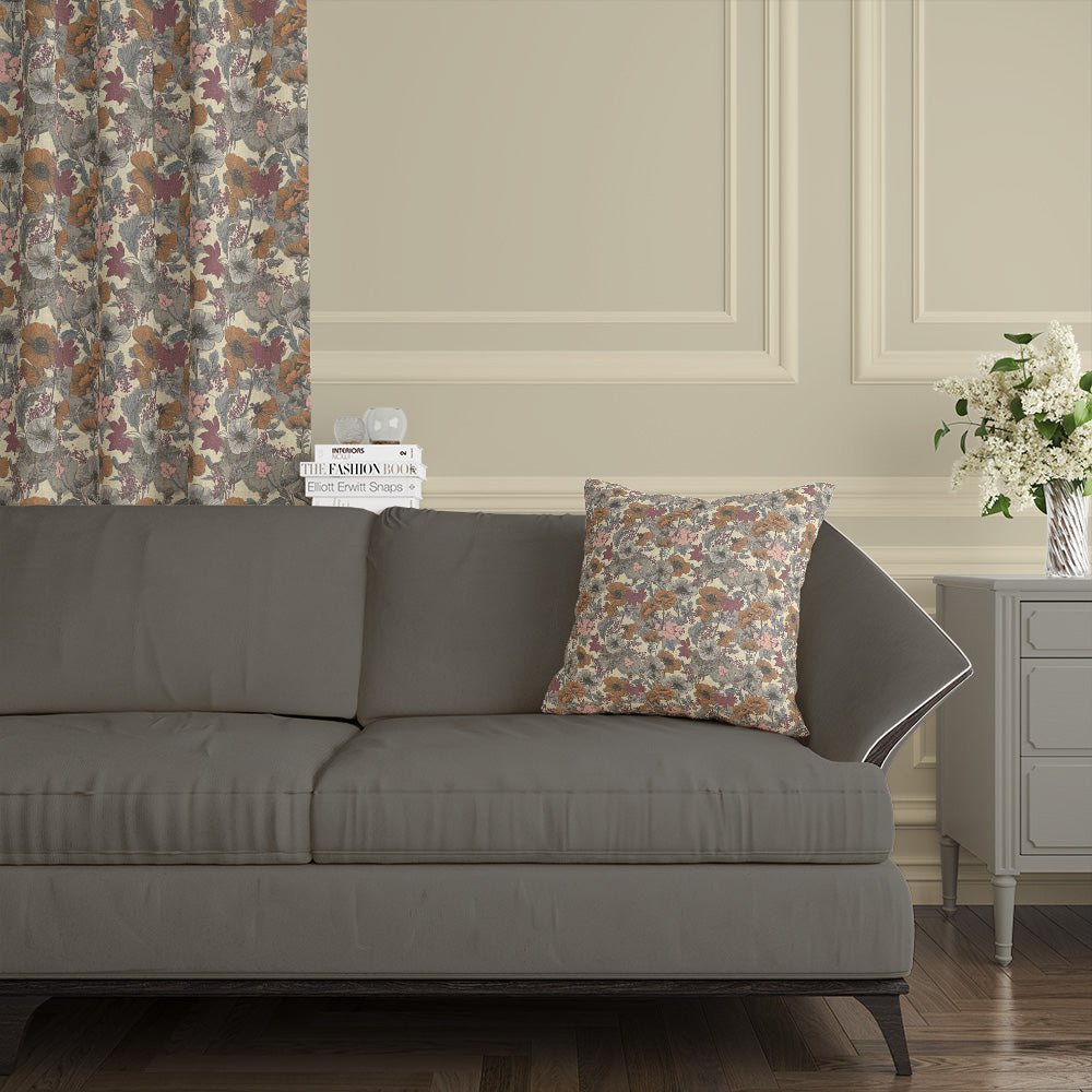 Harrogate floral curtain fabric – styled curtains and cushion in traditional living room interior