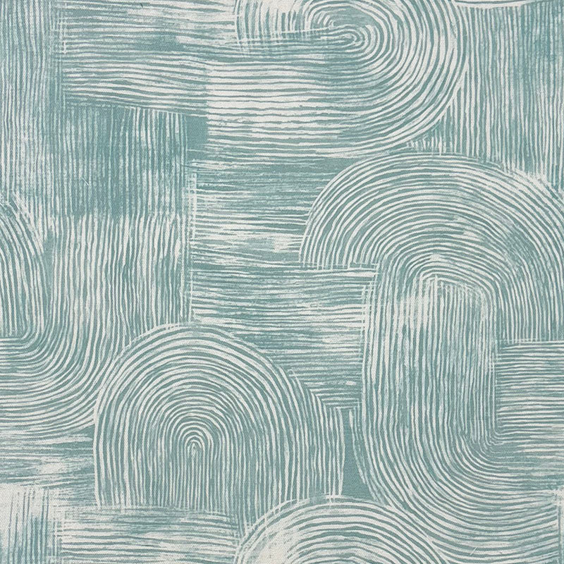     duck egg blue printed curtain fabric with sketch style pattern and overlapping curved forms