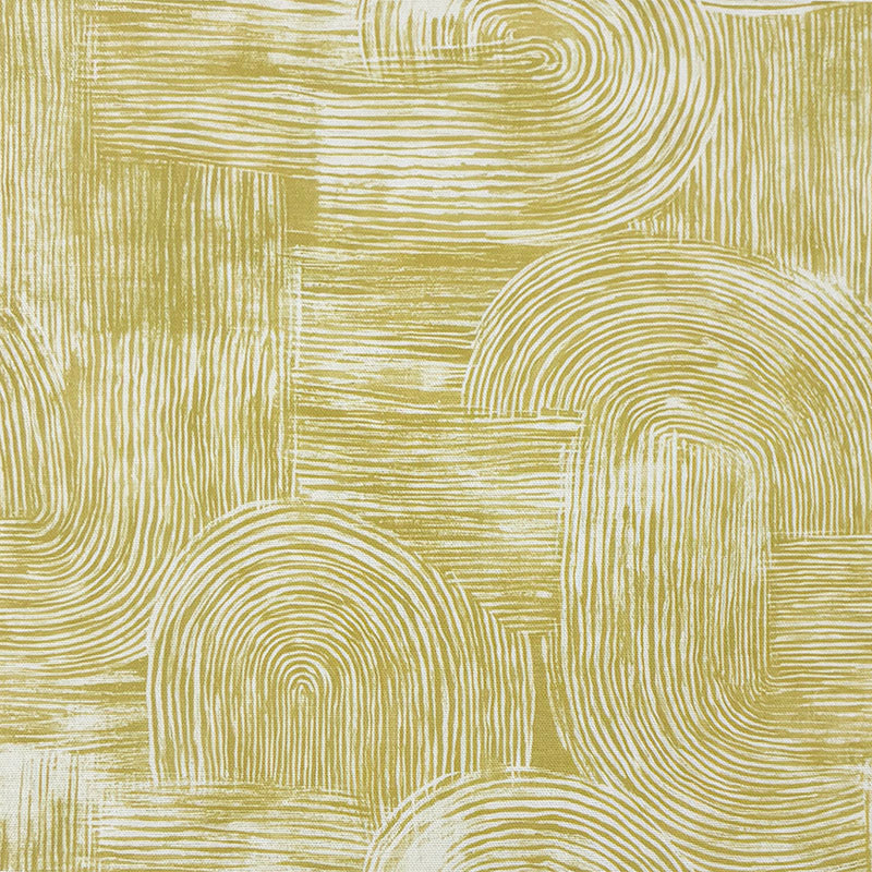     ochre yellow curtain fabric with bold hand drawn linear pattern and warm tonal depth