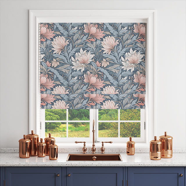 Hidecote Linen Curtain Fabric - Blue/Pink
