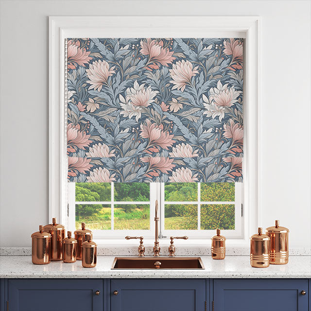 Close-up of Hidecote Linen Curtain Fabric texture in Blue and Pink