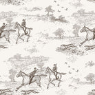 Horse Chase washable horse curtain fabric flat image with riders, hounds and rural landscape motifs on natural fabric