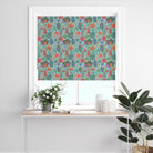Harper floral curtain fabric used on a Roman blind – multicoloured leaves and flowers on blue cotton fabric