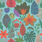 Multicoloured floral curtain fabric with bold leaf and flower pattern on blue cotton base – flat image of Harper design