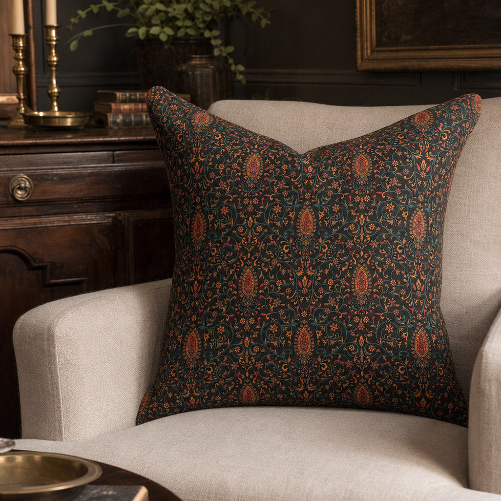 Jaipur paisley linen curtain fabric shown as cushions, black Indian paisley fabric for curtains, blinds and soft furnishings