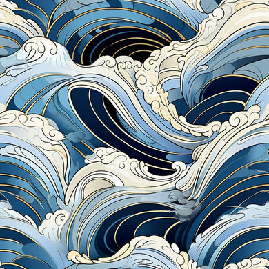 Japanese Waves Linen Curtain Fabric - Blue