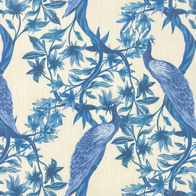 Javanese Linen Curtain Fabric Delft Blue – peacock bird design