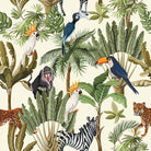 Jungle Animals printed velvet fabric flat image with green foliage, cream ground and tropical animal pattern