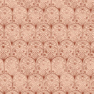 Close-up flat image of Kadapa Geometric Velvet Fabric in terracotta featuring a printed scalloped geometric pattern, suitable for upholstery fabric and curtains.