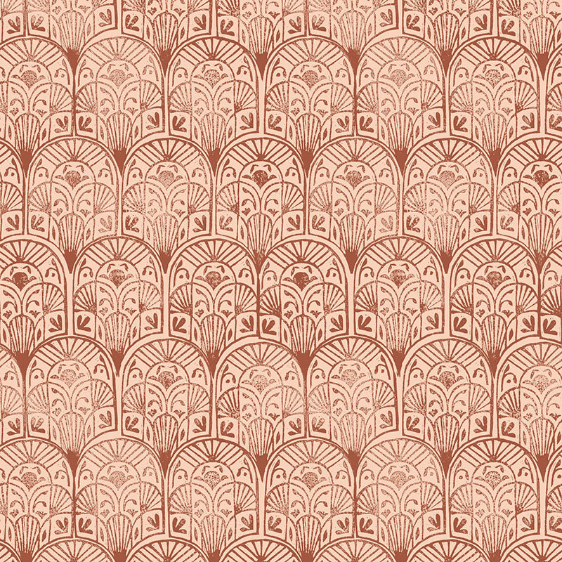 Close-up flat image of Kadapa Geometric Velvet Fabric in terracotta featuring a printed scalloped geometric pattern, suitable for upholstery fabric and curtains.
