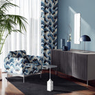 Chair and curtains in Kanagawa blue wave velvet upholstery fabric in modern interior