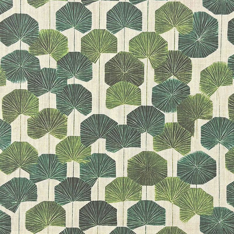 Kemble Leaf Linen Curtain Fabric – green botanical leaf fabric printed on natural linen basecloth
