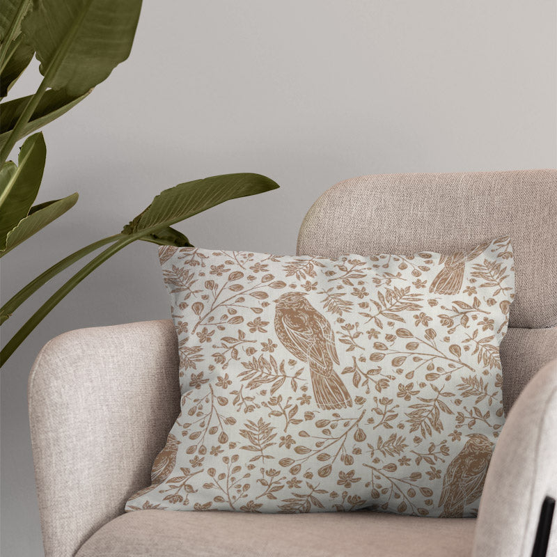 Kestrel linen curtain fabric cushion showing country bird print on natural linen blend