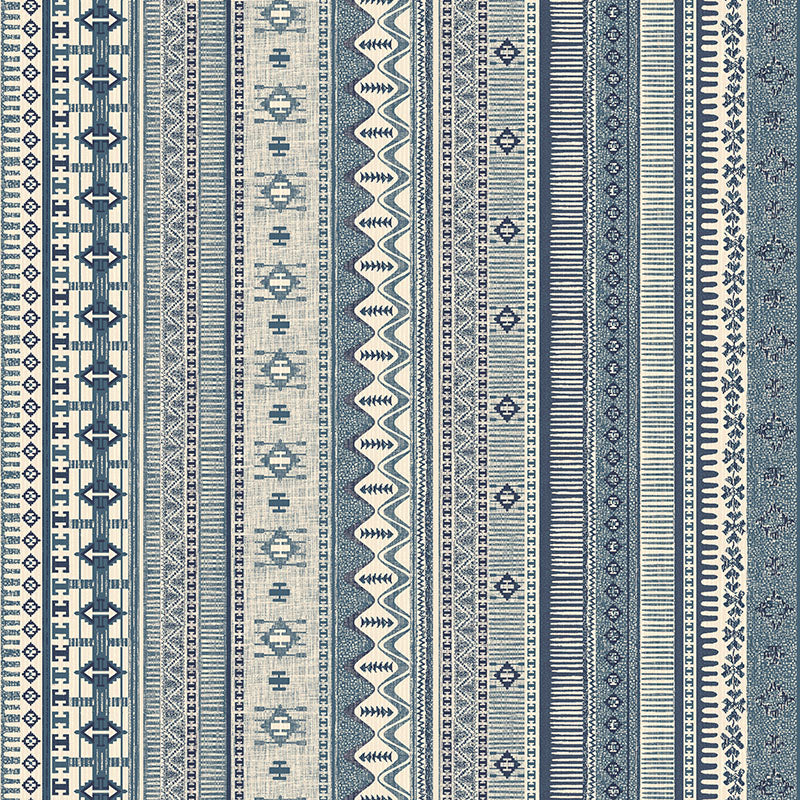 Khenifra Sapphire kilim velvet upholstery fabric flat image with vertical Aztec stripe pattern