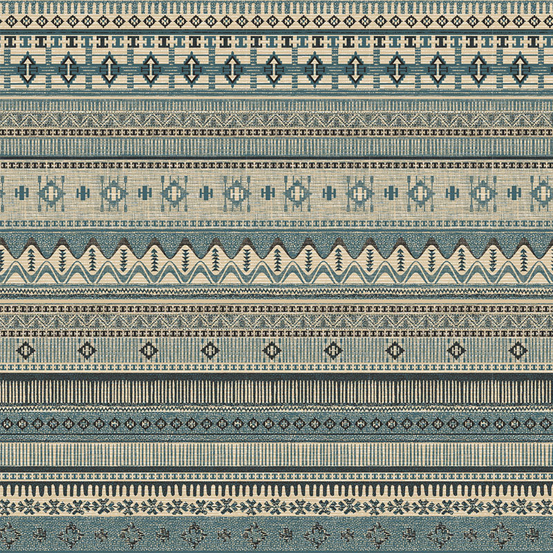 Khenifra Teal railroaded velvet fabric flat image with horizontal Aztec geometric stripe design
