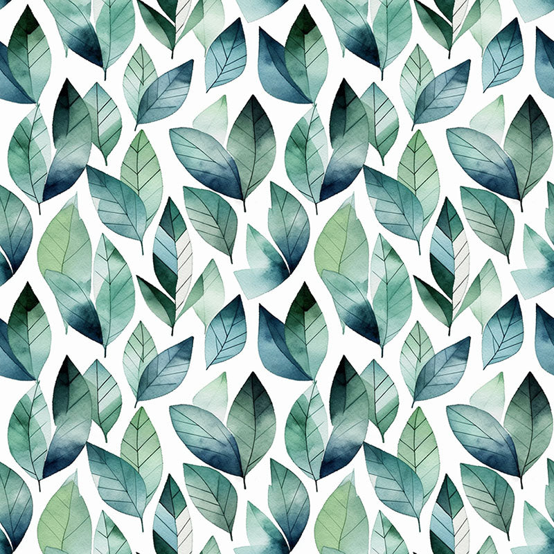 Kielder blue and green leaf curtain fabric with scattered watercolour foliage on a fresh white ground