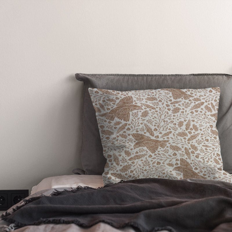 Kin linen curtain fabric cushion showing country flying bird print on Newport White linen