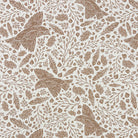 Kin bird linen curtain fabric flat image with flying birds feathers and flowers in natural brown