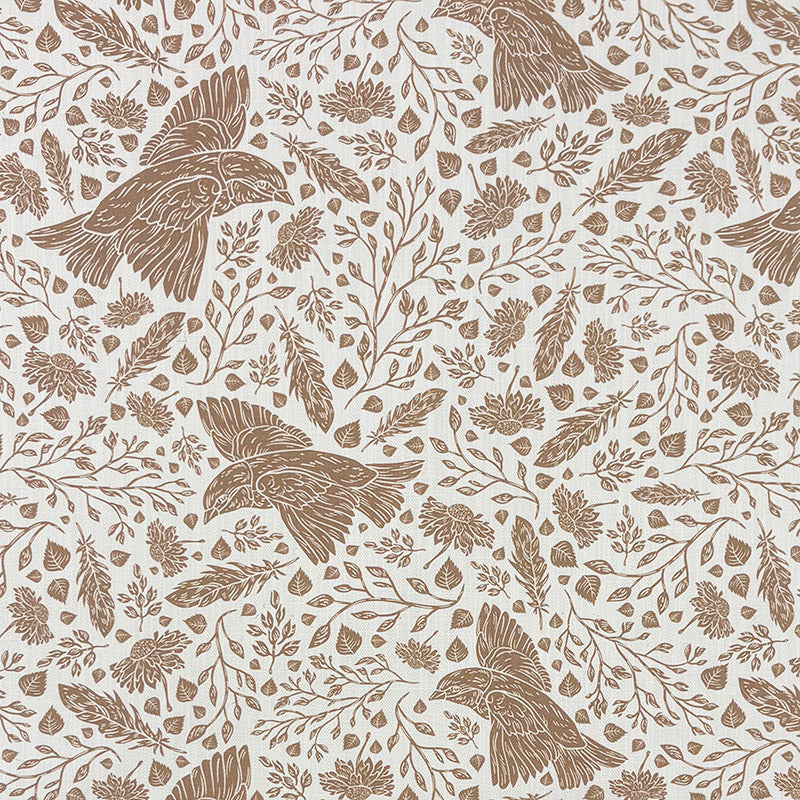 Kin bird linen curtain fabric flat image with flying birds feathers and flowers in natural brown