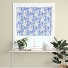blue japanese curtain fabric blind with detailed toile illustration creating a crisp and elegant window treatment
