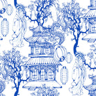 blue japanese curtain fabric with classic toile pattern inspired by traditional oriental scenes and architecture