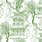 green japanese curtain fabric showcasing botanical toile design with trees, pagodas and delicate scenic detailing