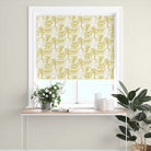 ochre japanese curtain fabric blind introducing warm tones and decorative toile pattern into a bright modern room