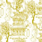 printed ochre japanese toile curtain fabric cotton linen blend with detailed scenic illustration close up