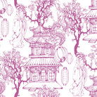 raspberry japanese curtain fabric with decorative toile pattern combining floral motifs and traditional figures