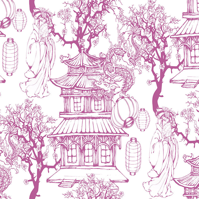 raspberry japanese curtain fabric with decorative toile pattern combining floral motifs and traditional figures