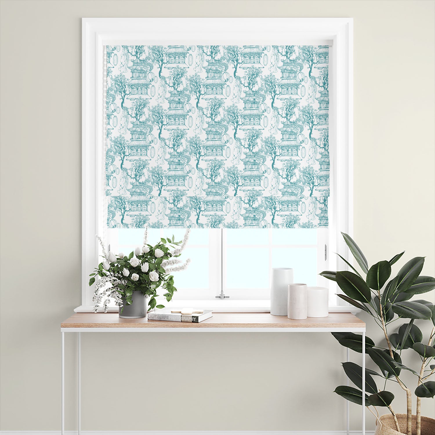 printed teal japanese toile roman blind on cotton linen fabric offering a balanced mix of pattern, colour and light diffusion