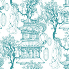 teal japanese curtain fabric featuring layered toile artwork with trees, lanterns and architectural elements