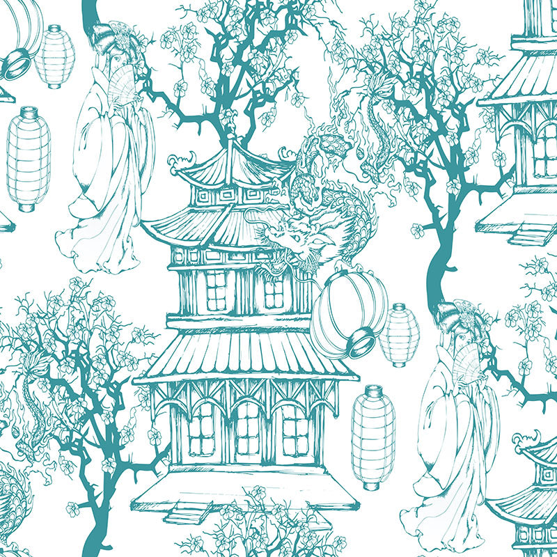 teal japanese curtain fabric featuring layered toile artwork with trees, lanterns and architectural elements