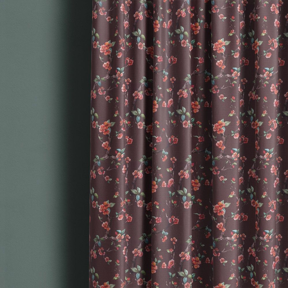 Lace Leaf Burgundy curtain image showing red botanical linen curtain fabric at the window