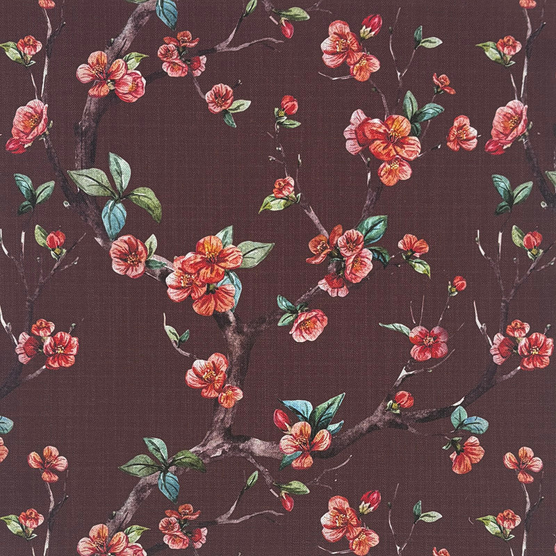 Lace Leaf Burgundy linen curtain fabric flat image with botanical leaf print on Newport White linen blend