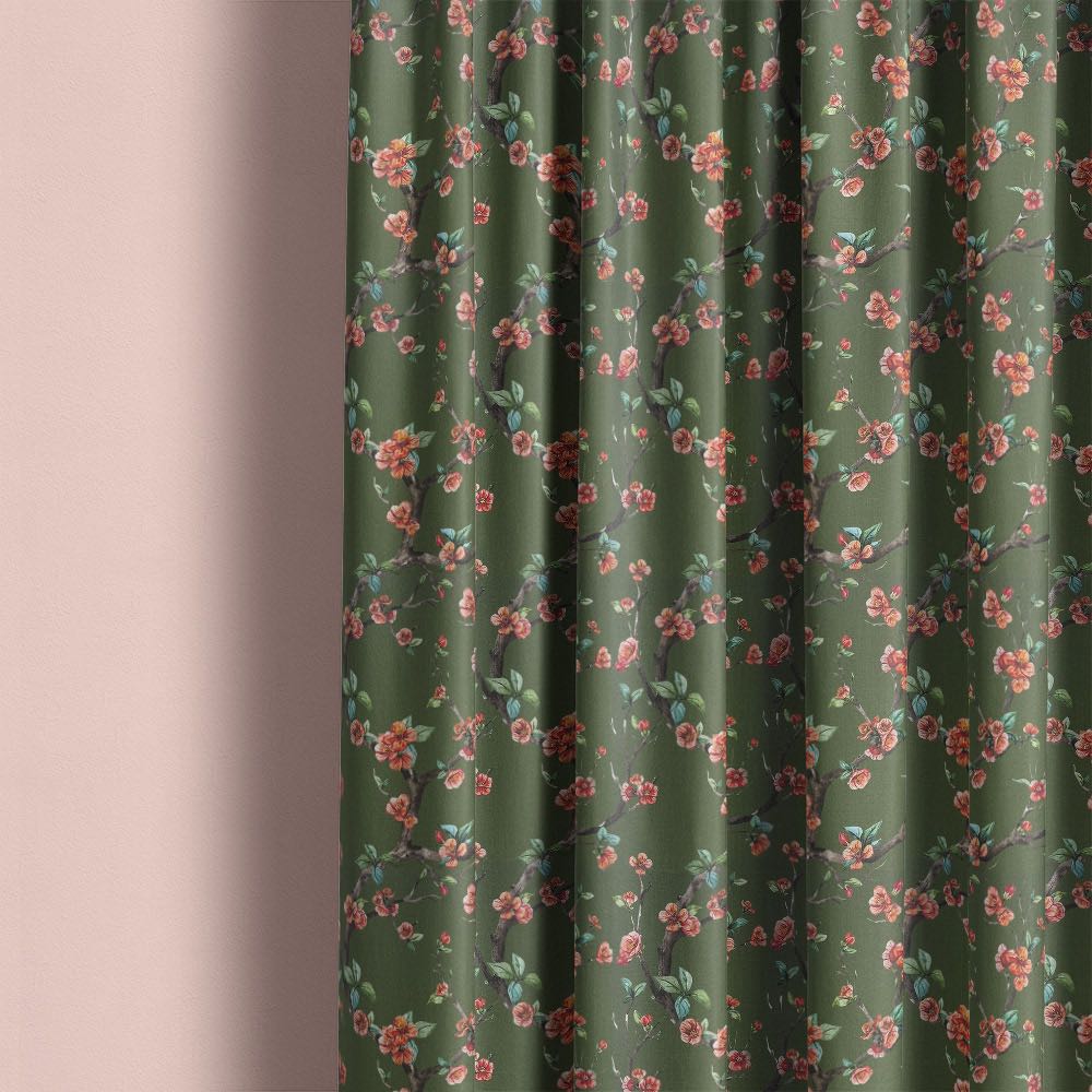 Lace Leaf Forest Green curtain image showing green leaf linen curtain fabric for curtains and blinds