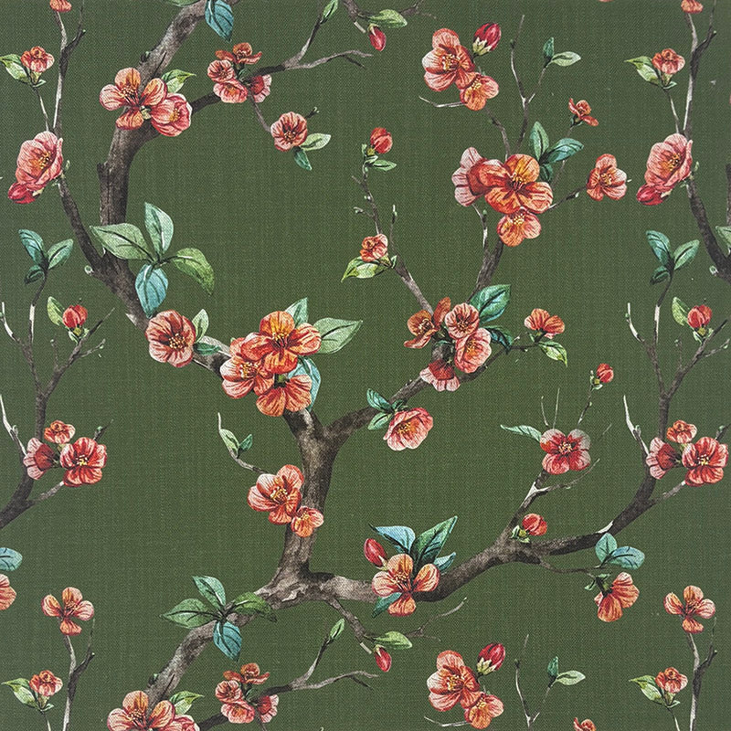 Lace Leaf Forest Green linen curtain fabric flat image with delicate leaf trail design