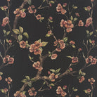 Lace Leaf Noir linen curtain fabric flat image with black botanical leaf print on pale linen