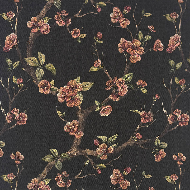 Lace Leaf Noir linen curtain fabric flat image with black botanical leaf print on pale linen