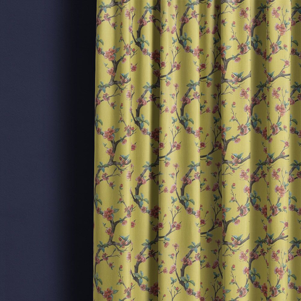 Lace Leaf Saffron curtain image showing yellow leaf linen curtain fabric for a bright window scheme