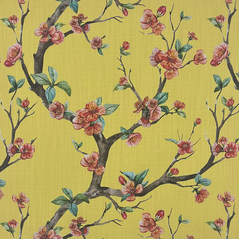 Lace Leaf Saffron linen curtain fabric flat image with warm yellow botanical leaf pattern