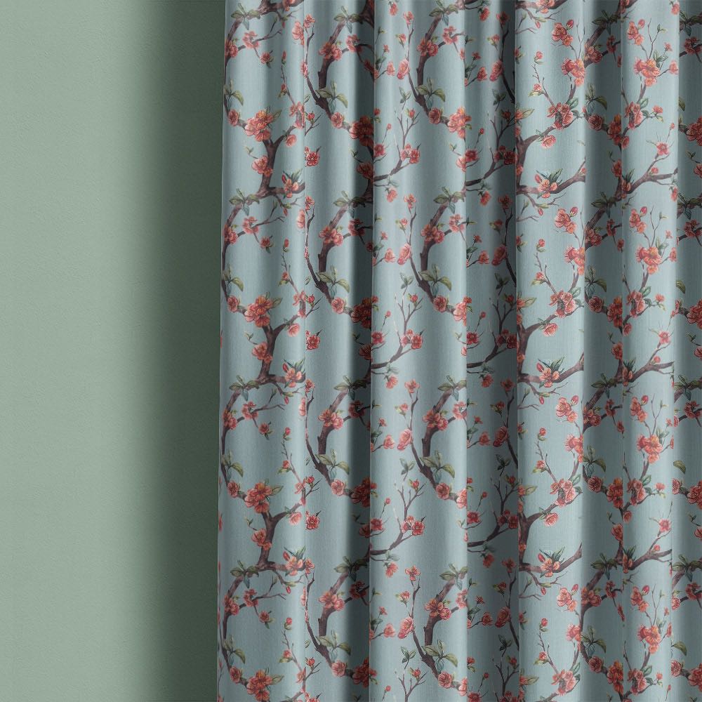 Lace Leaf Sky Blue curtain image showing blue botanical linen curtain fabric at the window