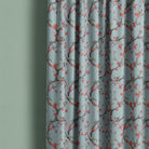 Lace Leaf Sky Blue curtain image showing blue botanical linen curtain fabric at the window